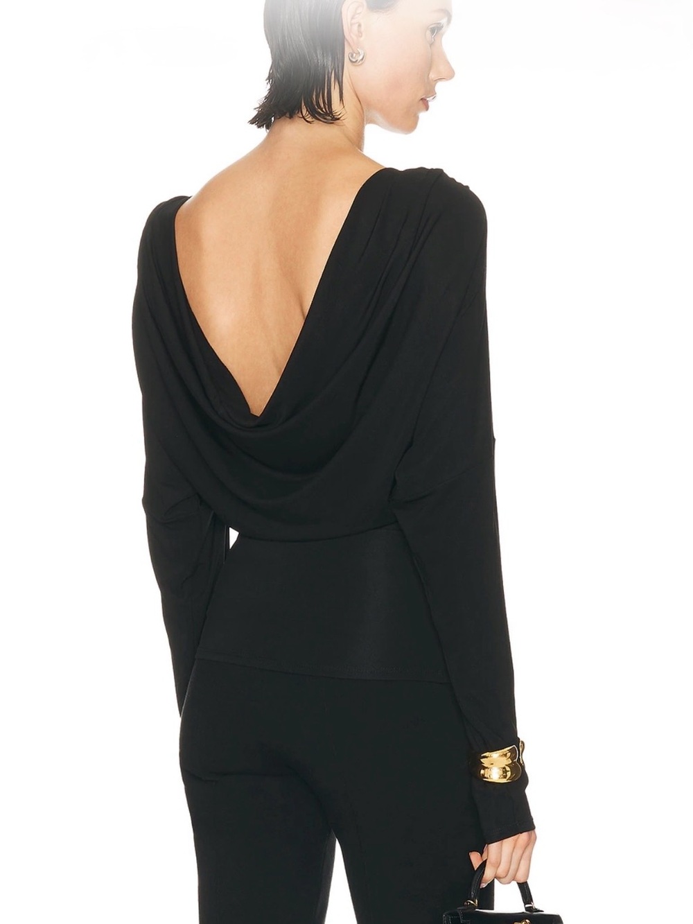 Norma Kamali Black Draped Cowl Long-Sleeve Top